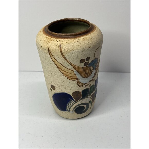 Mexican Tonala Art Pottery Vase Hand Painted Bird Ceramic Sandstone Folk Art - Picture 6 of 8